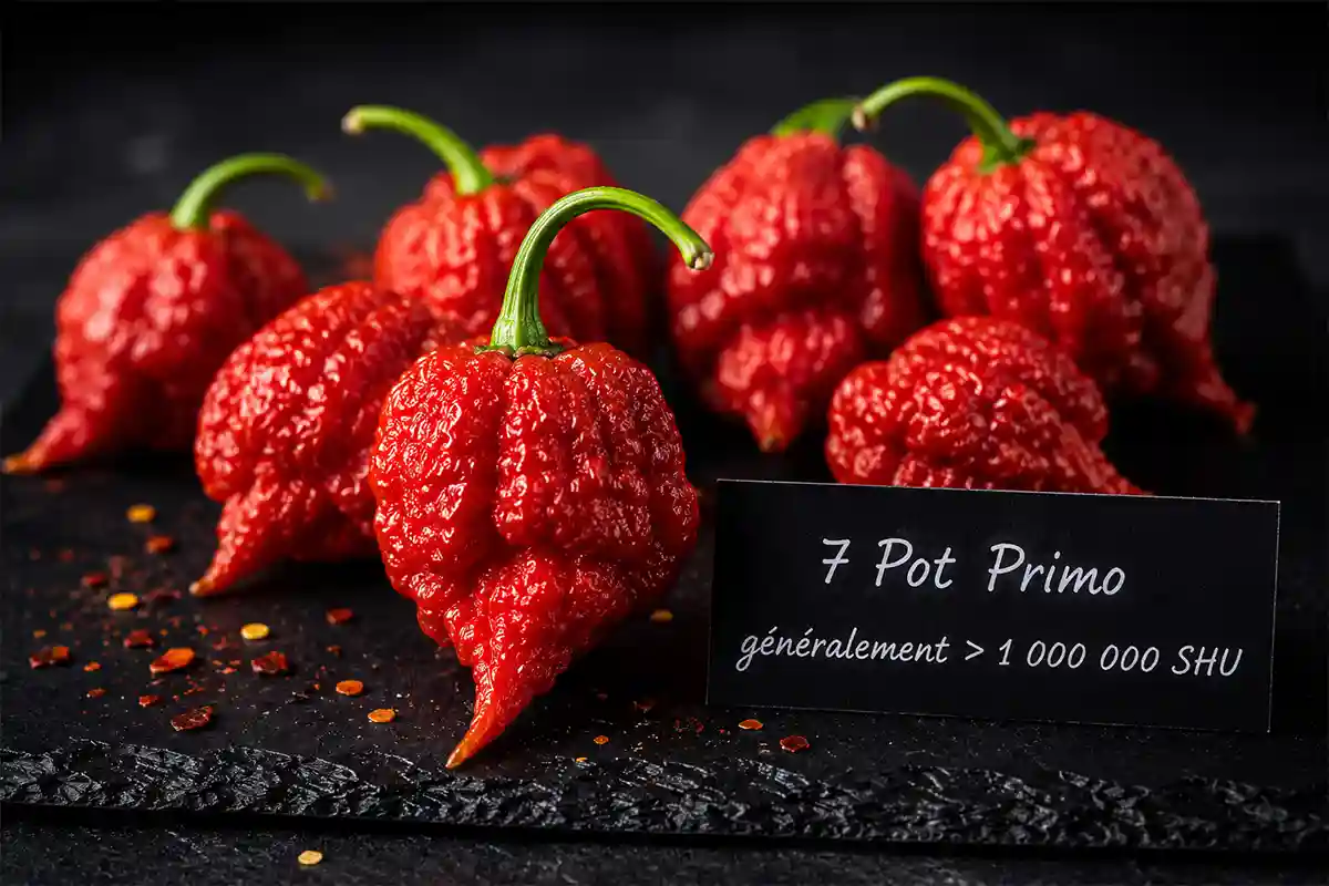 7 Pot Primo rouge avec longue pointe, variété de piment superhot